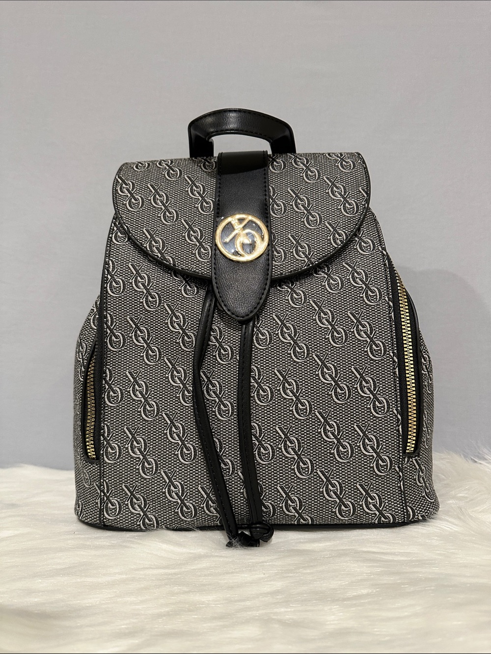 XOXO Black Monogram Drawstring Backpack with Gold Accent and Removable Charm